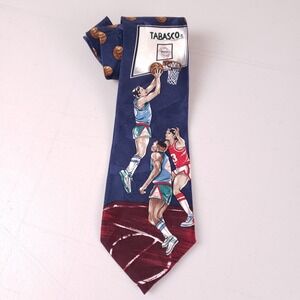 Tabasco‎ Basketball Tie Mens Blue Red Silk Vintage 90s Sports Novelty Sauce